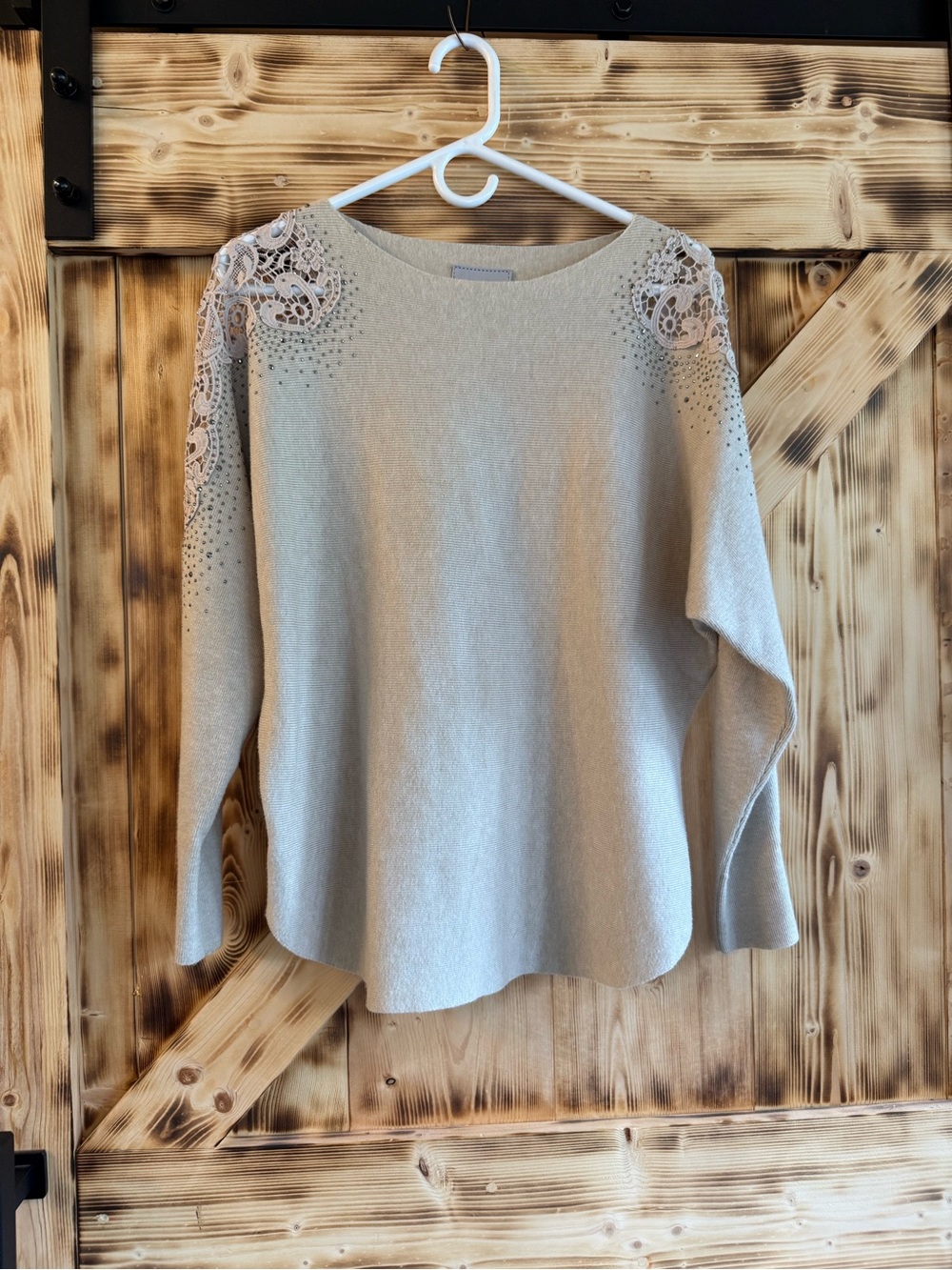Milano LIV Beige Knit Top with Sparkle shoulder